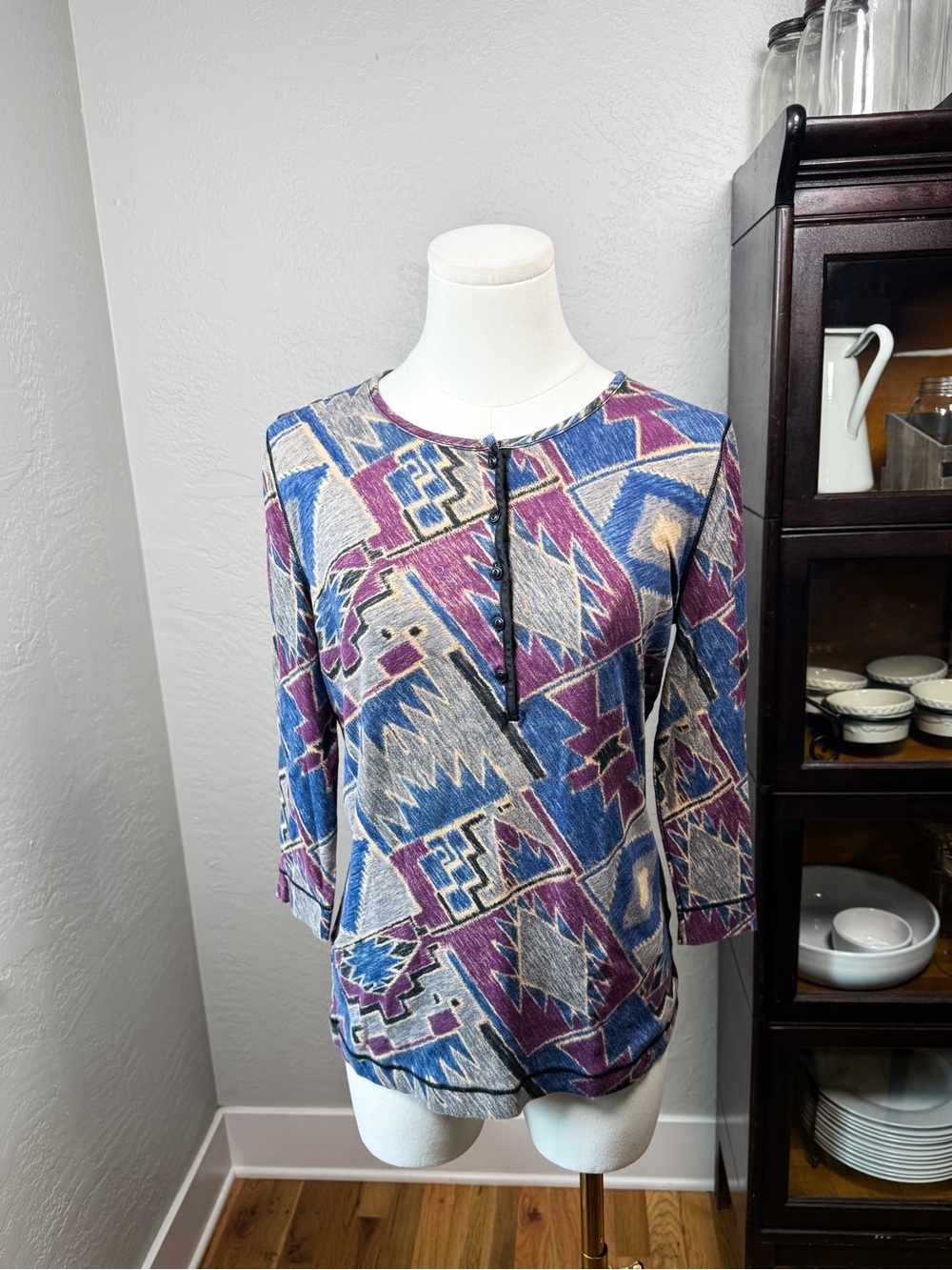 LRL Lauren Jeans Co Ralph Lauren Southwestern Aztec Print Henley Top Size L